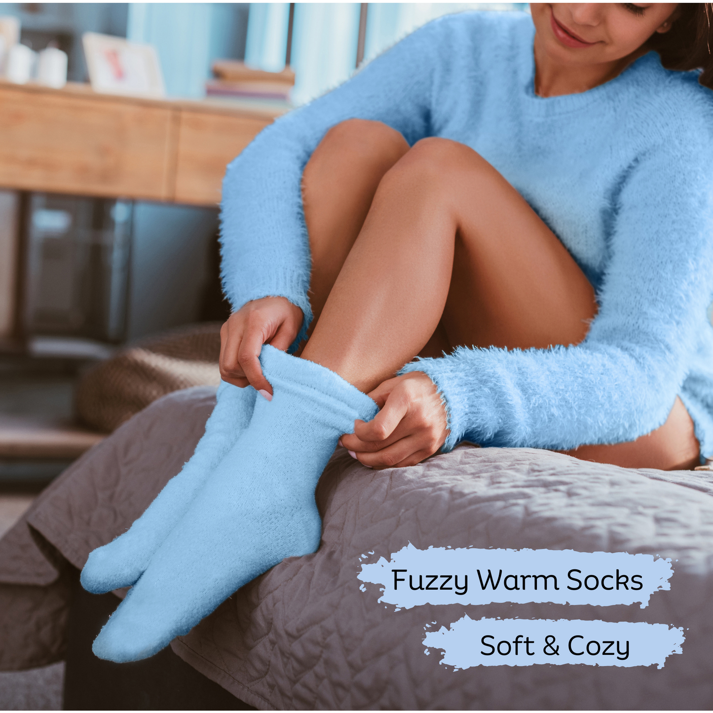 Soft light blue fuzzy socks included in women's get well gift box for comfort and self-care