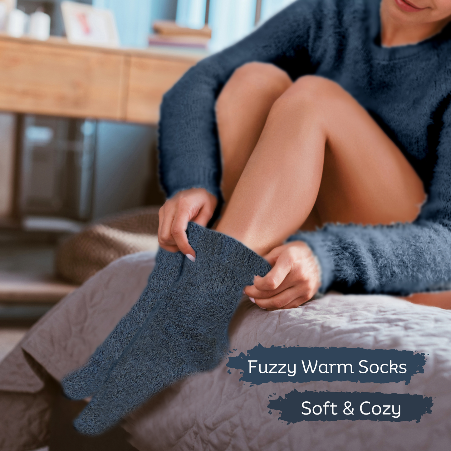 Soft blue fuzzy socks included in women's get well gift box for comfort and self-care