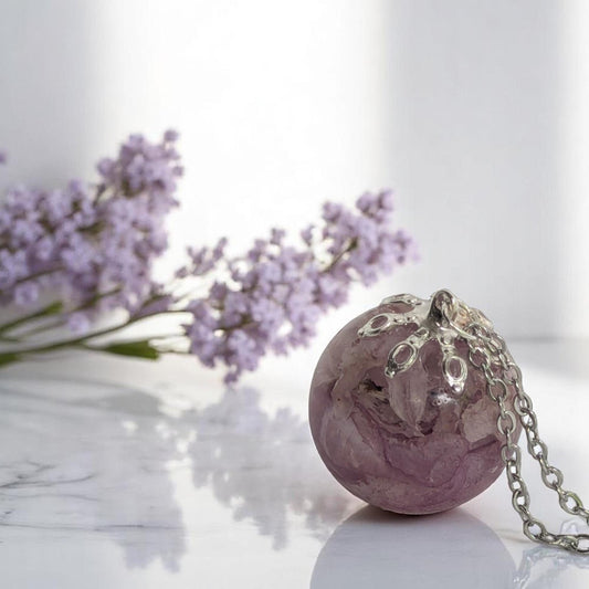 Handcrafted Azalea flower pendant necklace with real dried botanical elements, perfect for nature-inspired jewelry lovers."