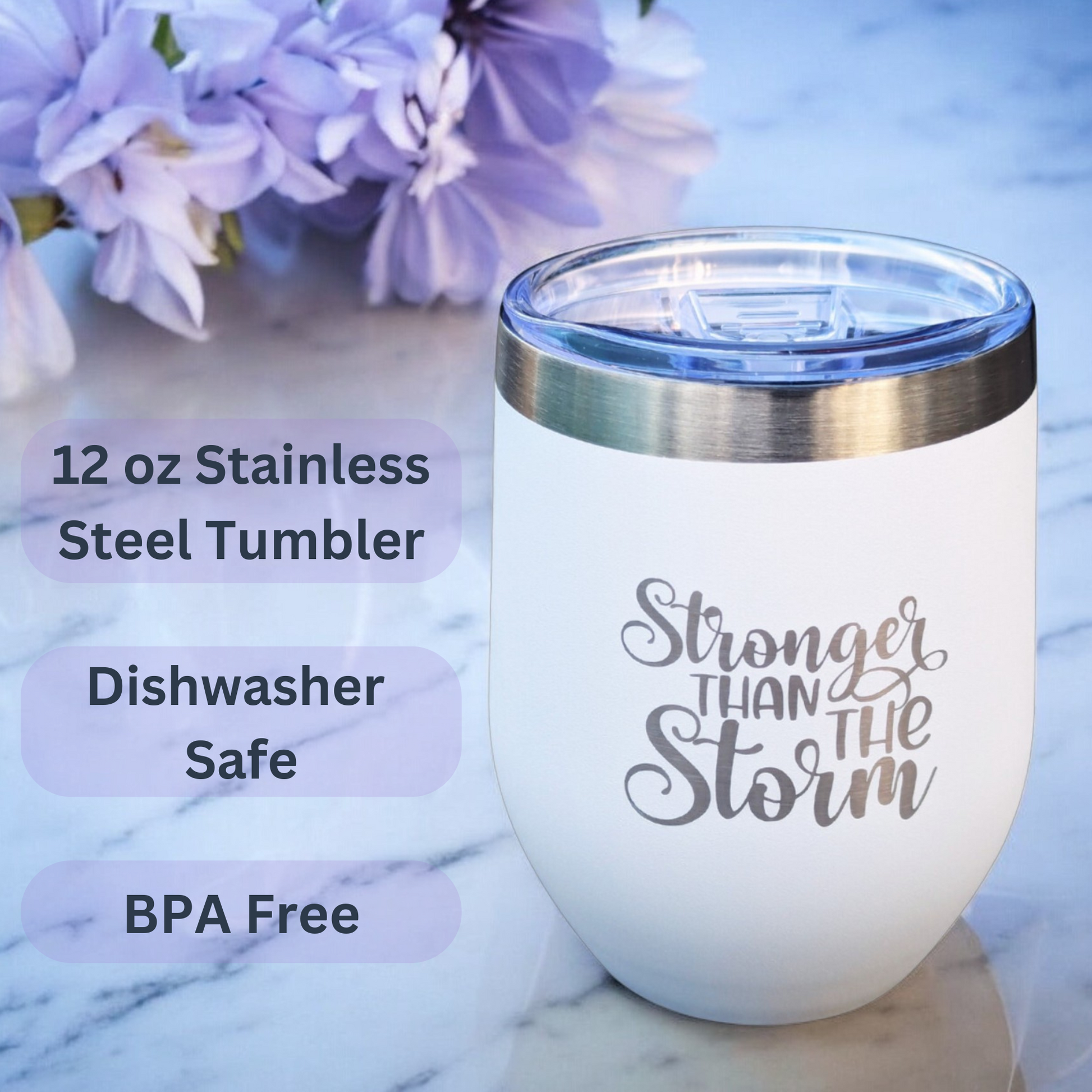 12 oz white stainless steel tumbler included in women’s get well care package – Stronger Than The Storm encouragement gift