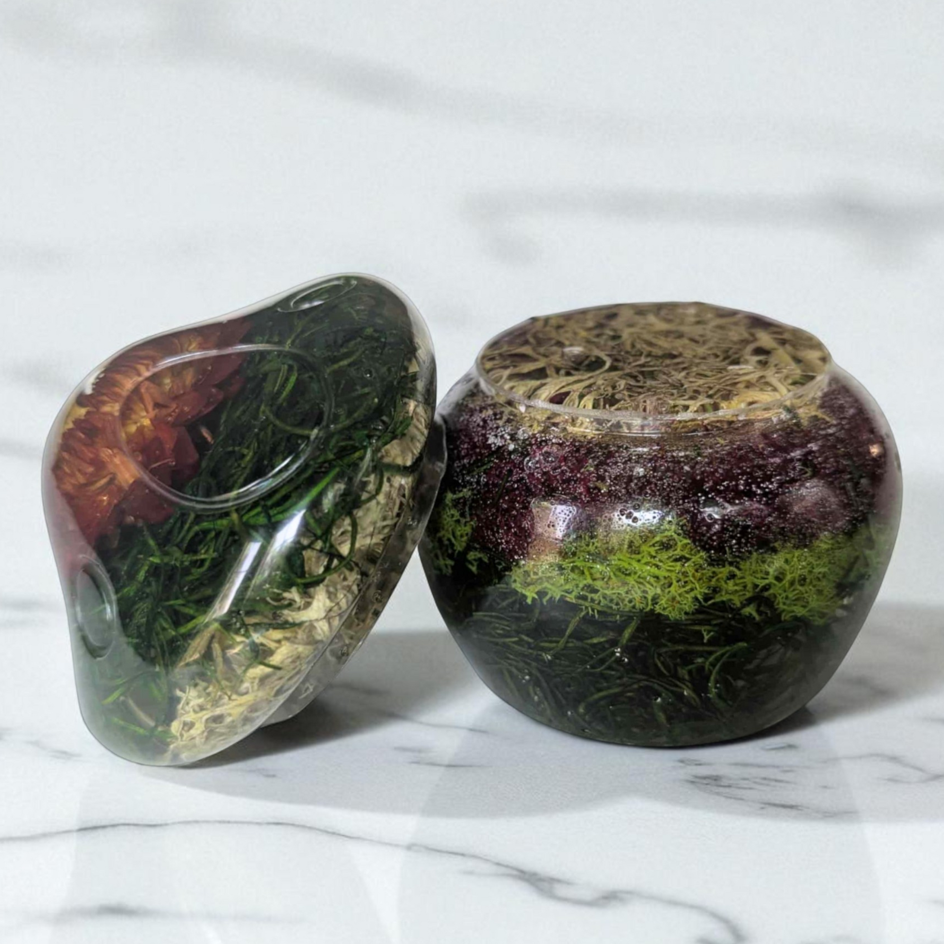 Resin mushroom jar and lid detail on handmade trinket jar with moss and flowers