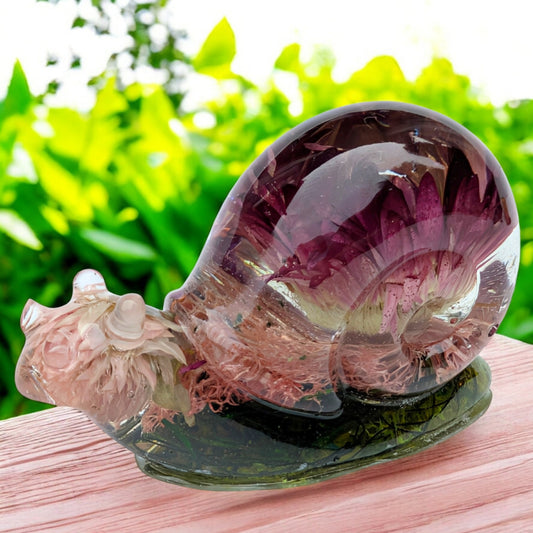 Handmade resin snail figurine filled with real dried flowers and green moss – nature-inspired decor gift
