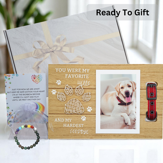Pet memoiral gift set with wooden photo frame, rainbow bridge card, and a stone bracelet ready to be gifted