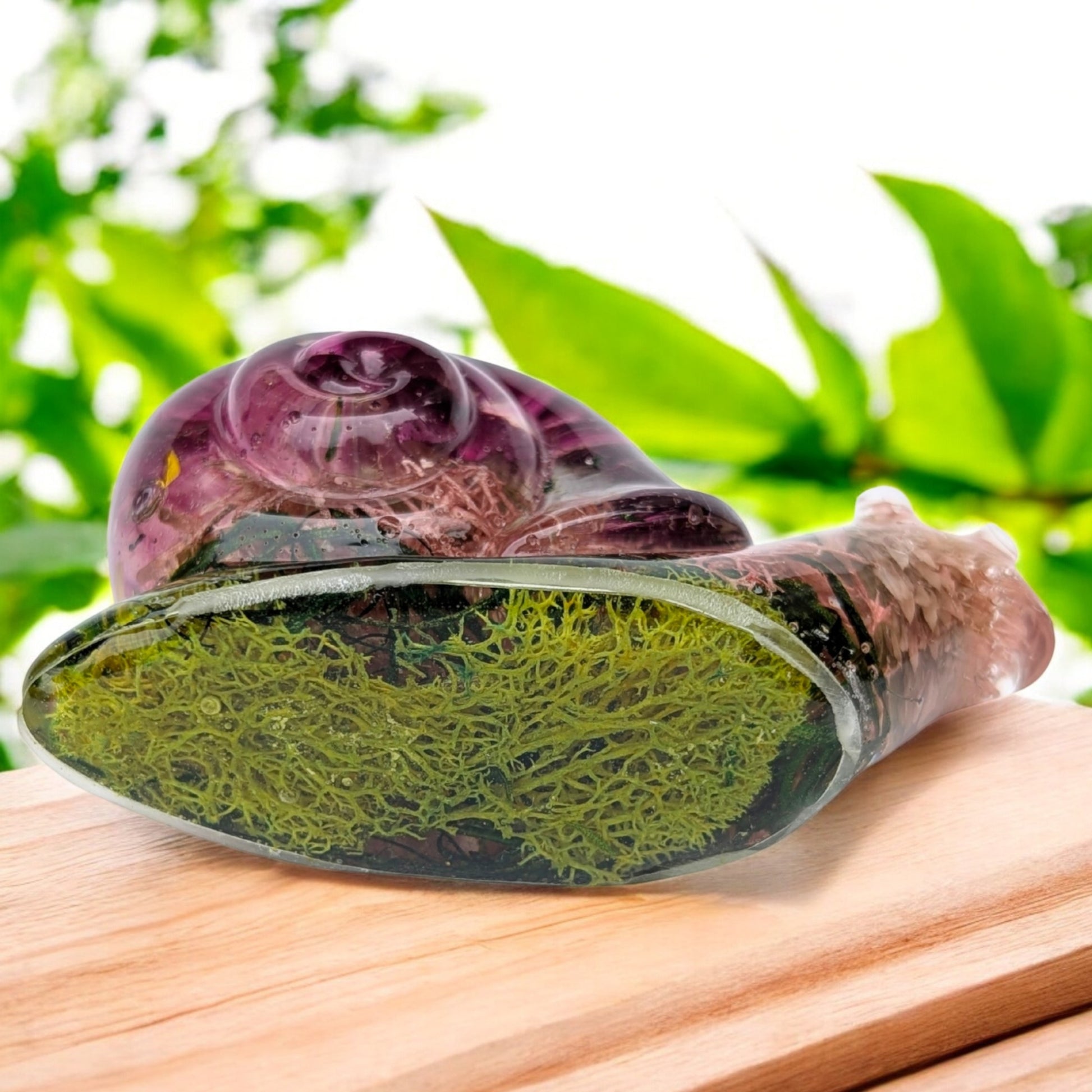 Nature-inspired resin decor collection with snail figurine, dried flowers, and moss – botanical home accent