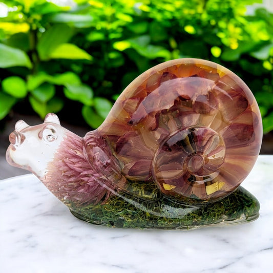 Handmade resin snail figurine with real Gerbera Daisy and Gomphrena flowers and green moss – nature-inspired decor gift