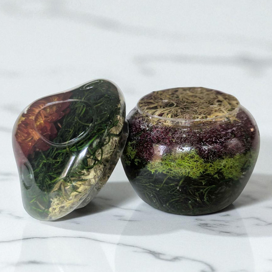 Resin mushroom jar and lid detail on handmade trinket jar with moss and flowers