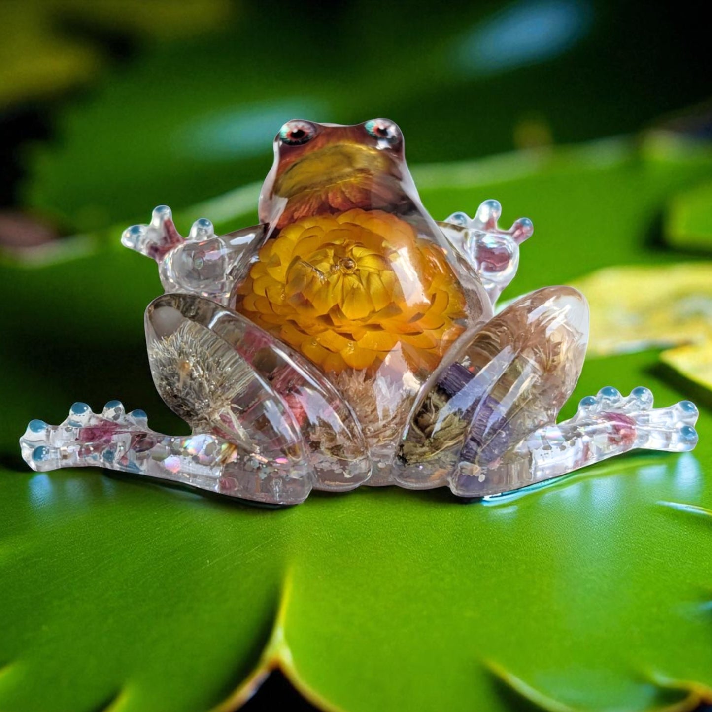 Resin Frog Figurine with Real Flowers | Handmade Frog Decor | Nature Inspired Gift for Frog Lovers