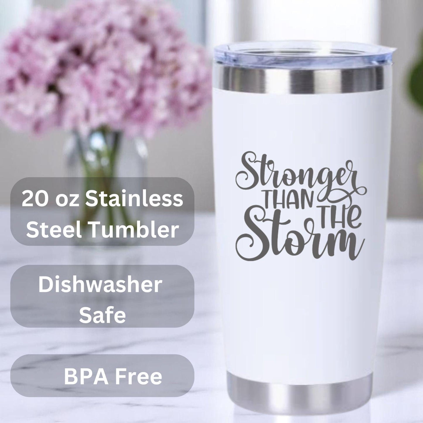 20 oz white Stainless steel tumbler included in women’s get well care package – Stronger Than The Storm encouragement gift